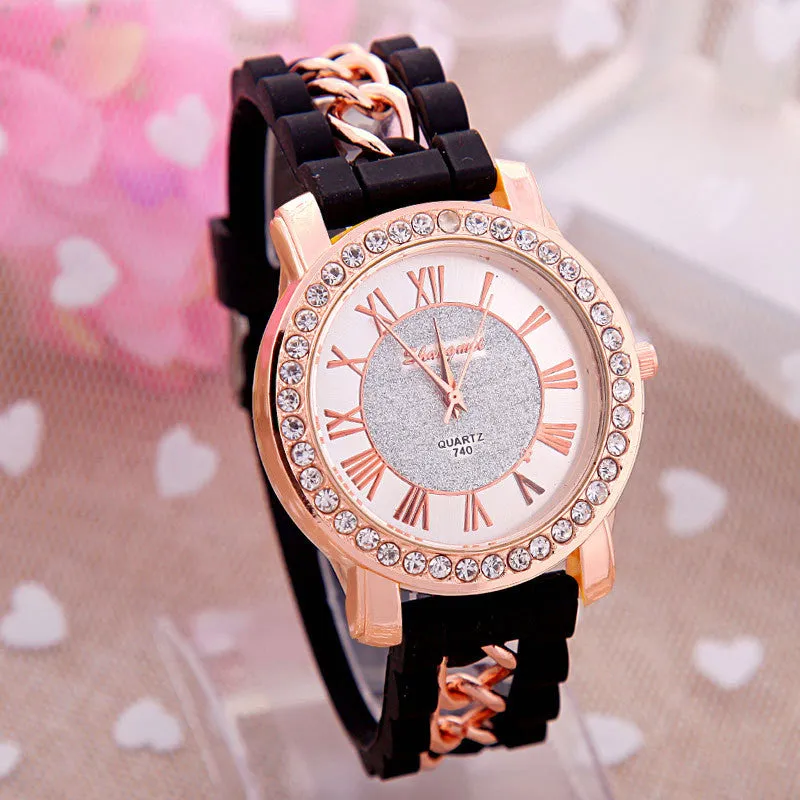 Dress Casual Clock Female Relogio Luxury Quartz Watch Diamond Wristwatches Women Silicone Platinum Chain Fashion Watches