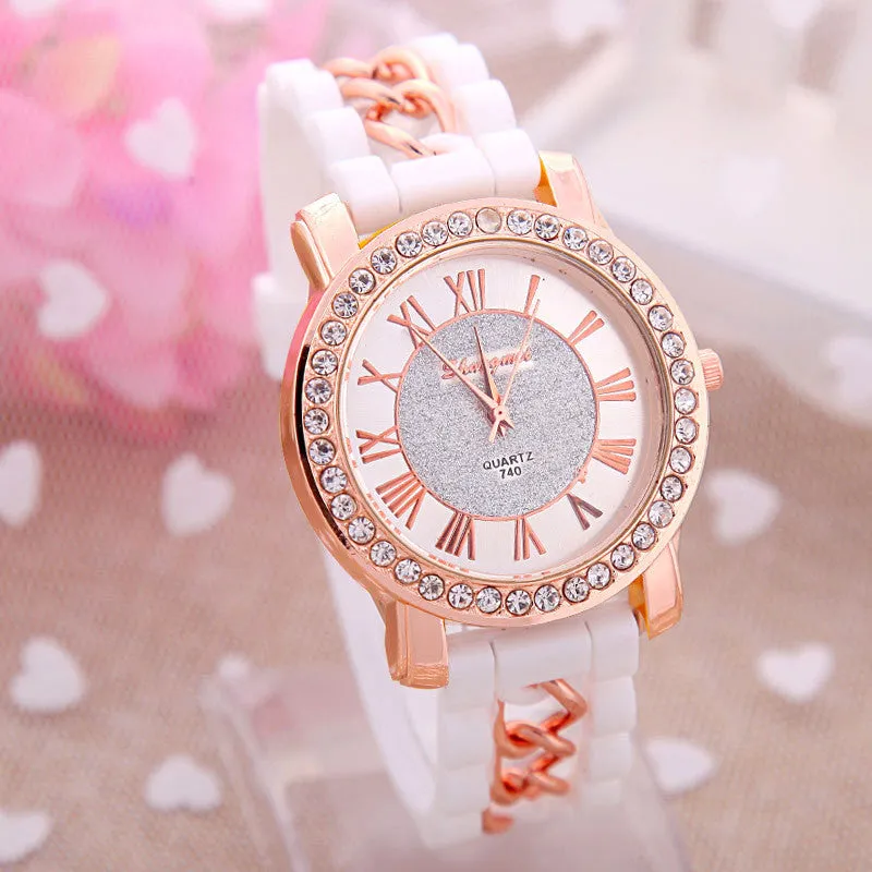 Dress Casual Clock Female Relogio Luxury Quartz Watch Diamond Wristwatches Women Silicone Platinum Chain Fashion Watches