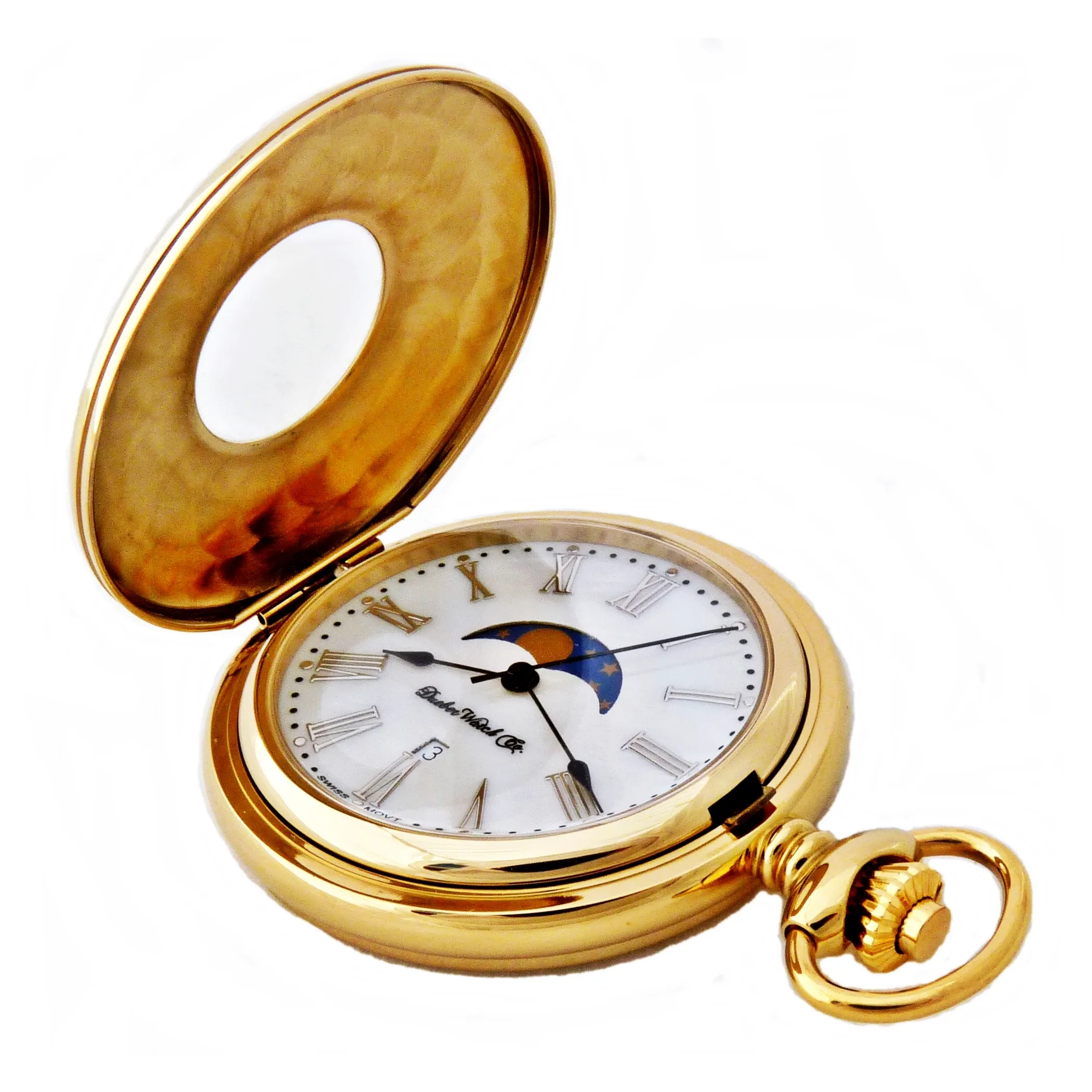 Dueber 442-241 Pocket Watch, Genuine Mother of Pearl Dial, with Moon Phase, Gold Plated Steel Case