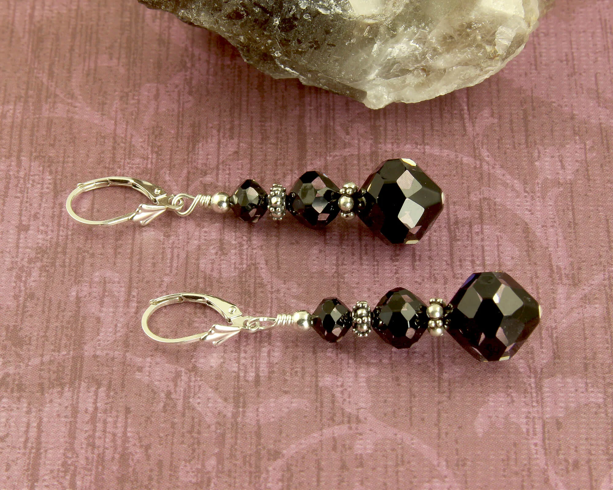 Elegant Cosmic Black Crystal Earrings, Sterling Silver