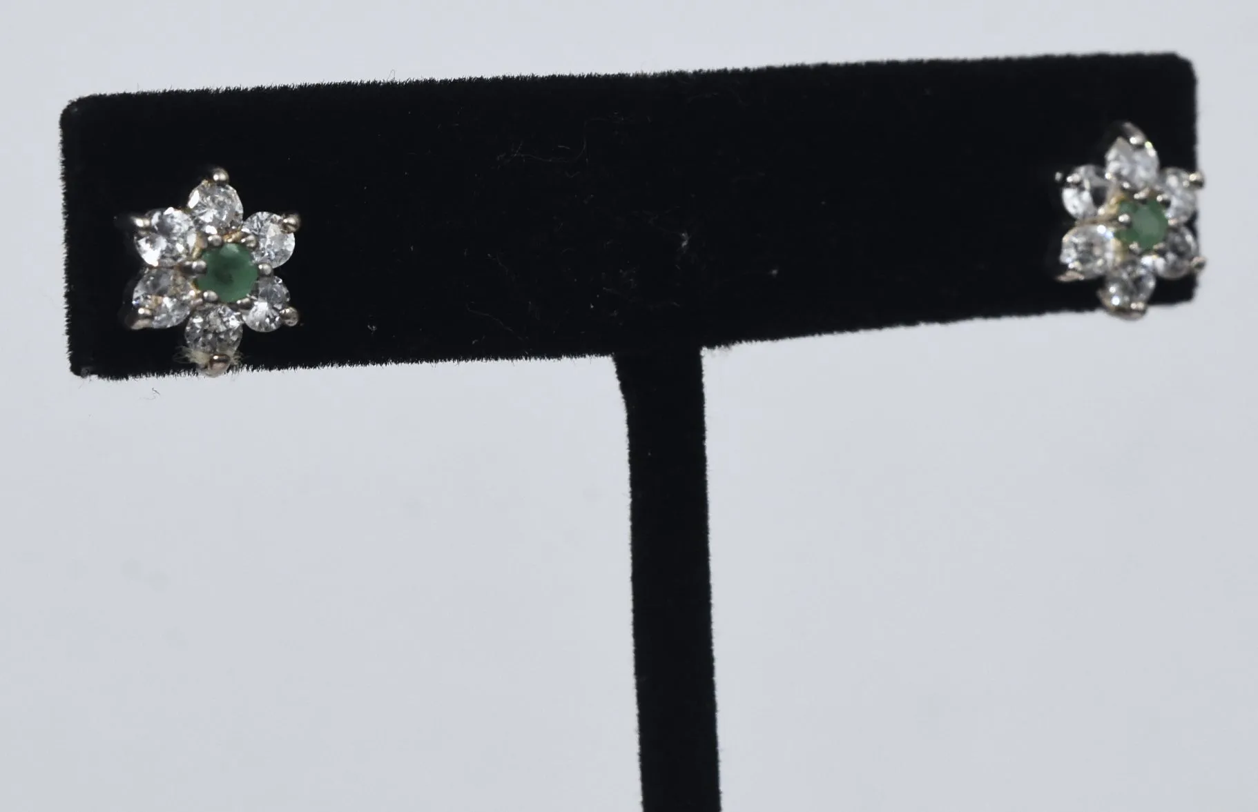 Emerald and Cubic Zirconia Flower Sterling Silver Stud Earrings