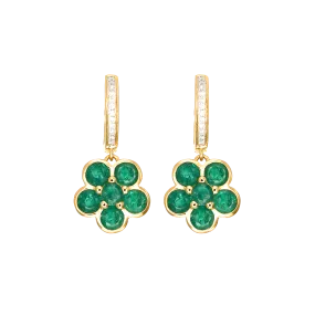 Emerald and Diamond Floral Cluster Drop Earrings in 18k Yellow Gold