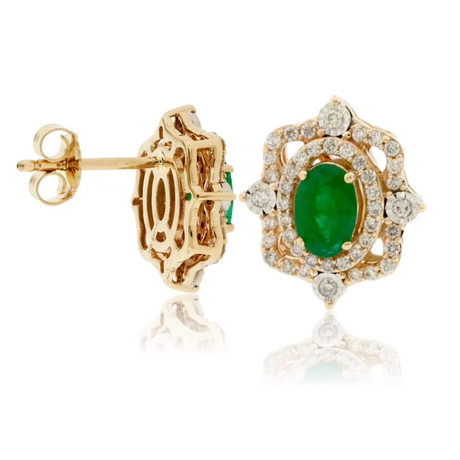 Emerald and Diamond Vintage Style Halo Stud Earrings