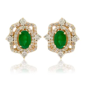 Emerald and Diamond Vintage Style Halo Stud Earrings