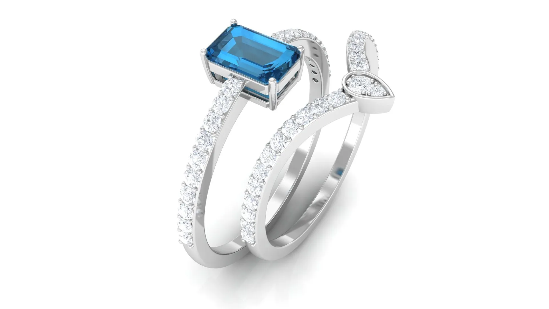 Emerald Cut London Blue Topaz Solitaire Ring Set with Diamond Stackable Band