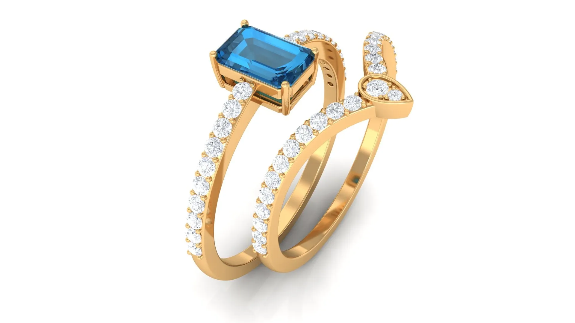 Emerald Cut London Blue Topaz Solitaire Ring Set with Diamond Stackable Band