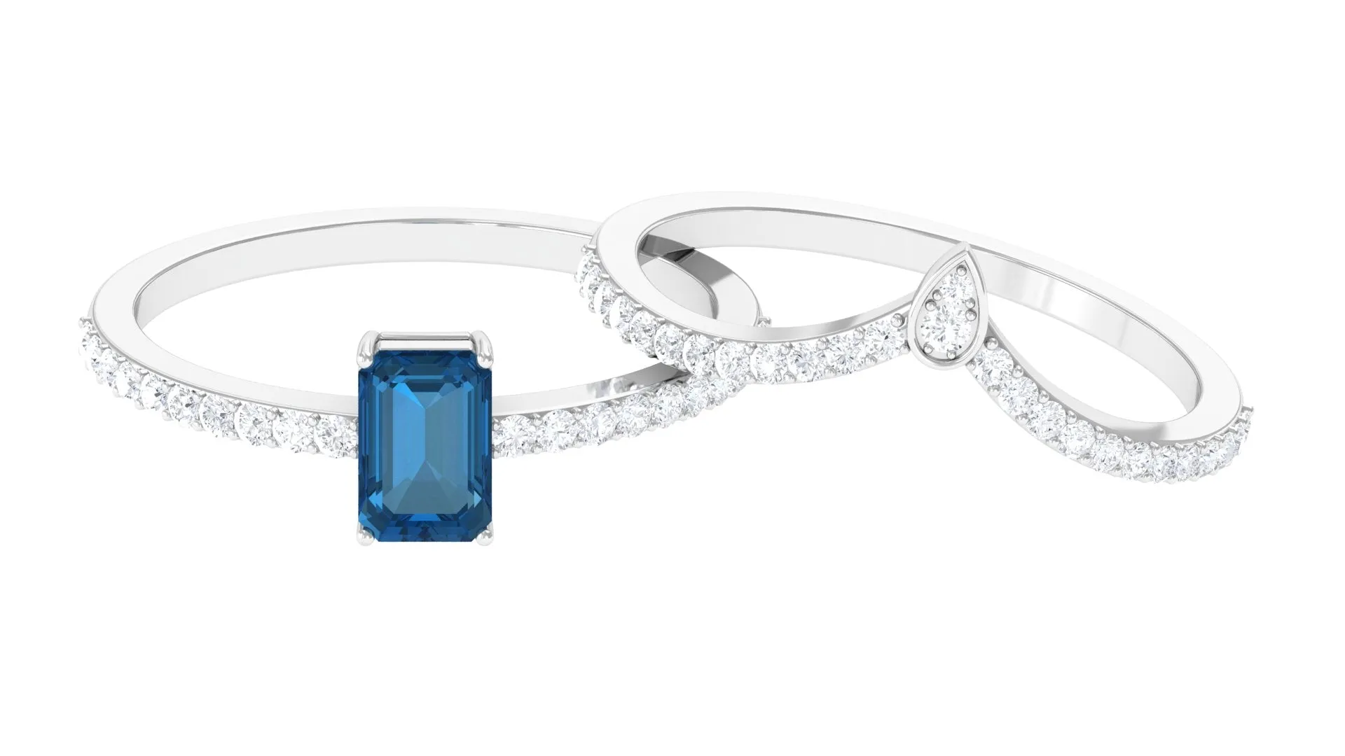 Emerald Cut London Blue Topaz Solitaire Ring Set with Diamond Stackable Band