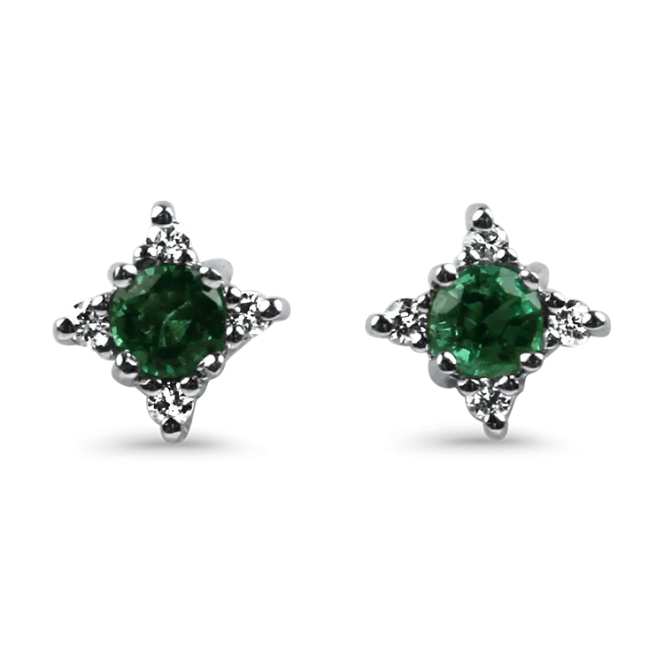 Estate 14k White Gold Emerald & Diamond Stud Earrings