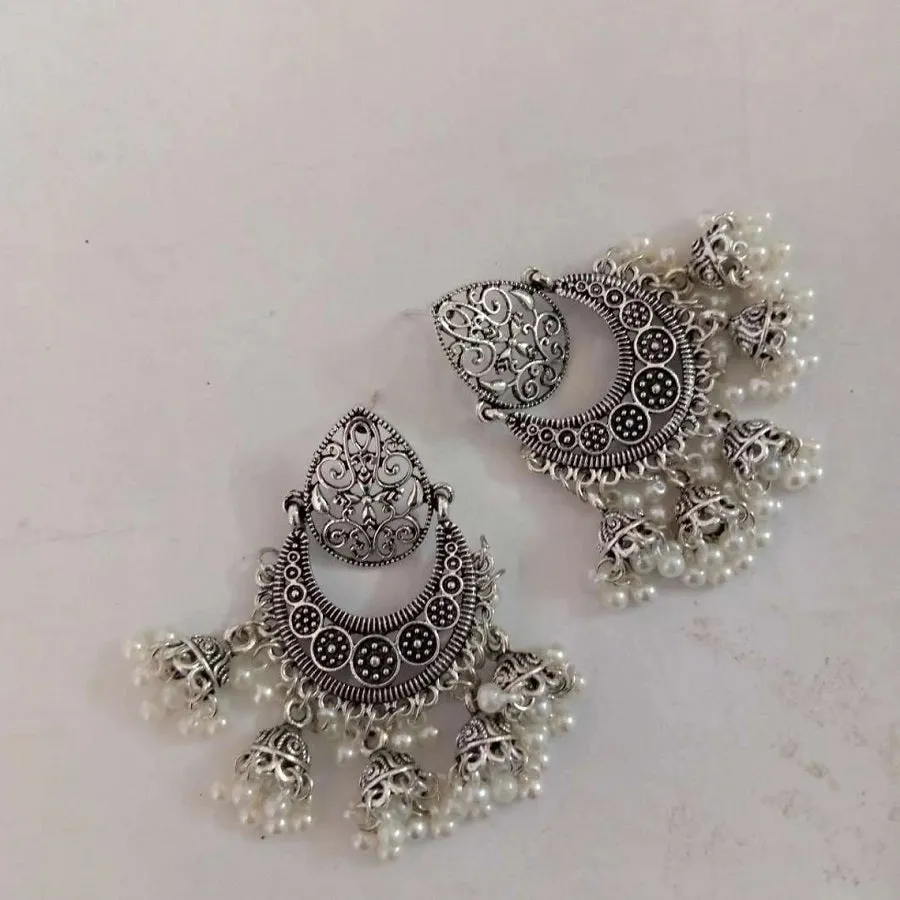 Ethnic Handmade Silver Tone Earrings With Pearls