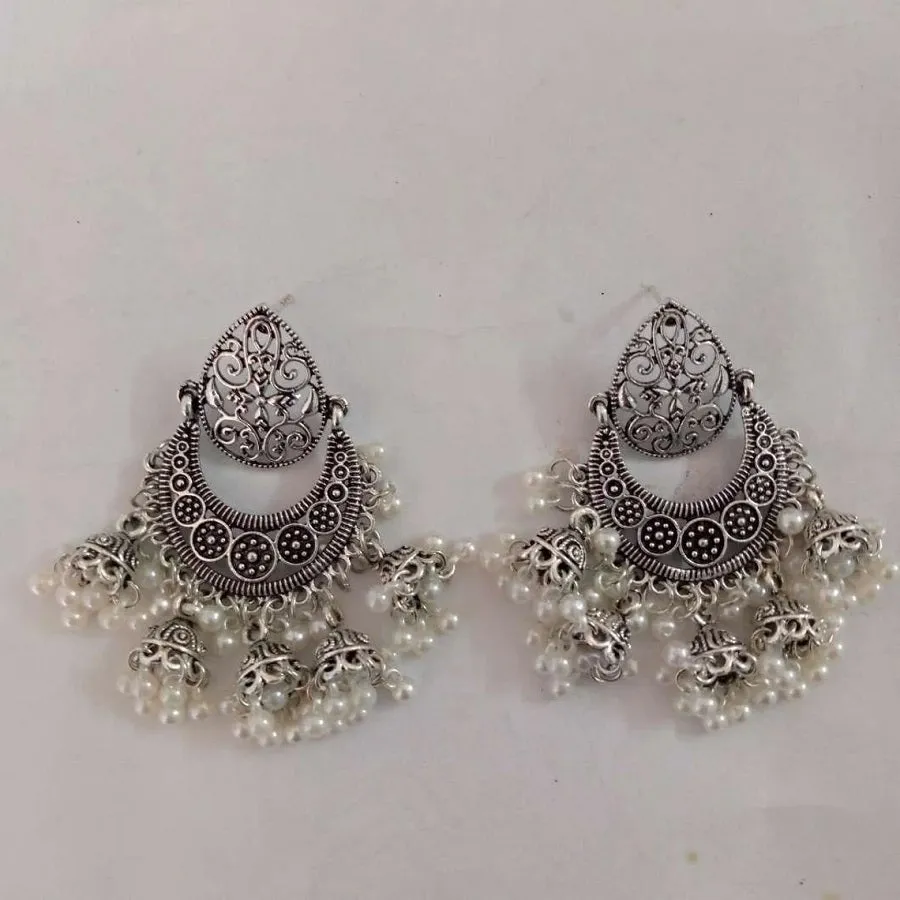 Ethnic Handmade Silver Tone Earrings With Pearls