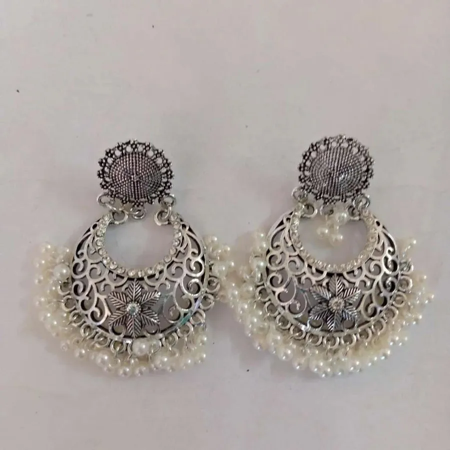 Ethnic Handmade Silver Tone Earrings With Pearls