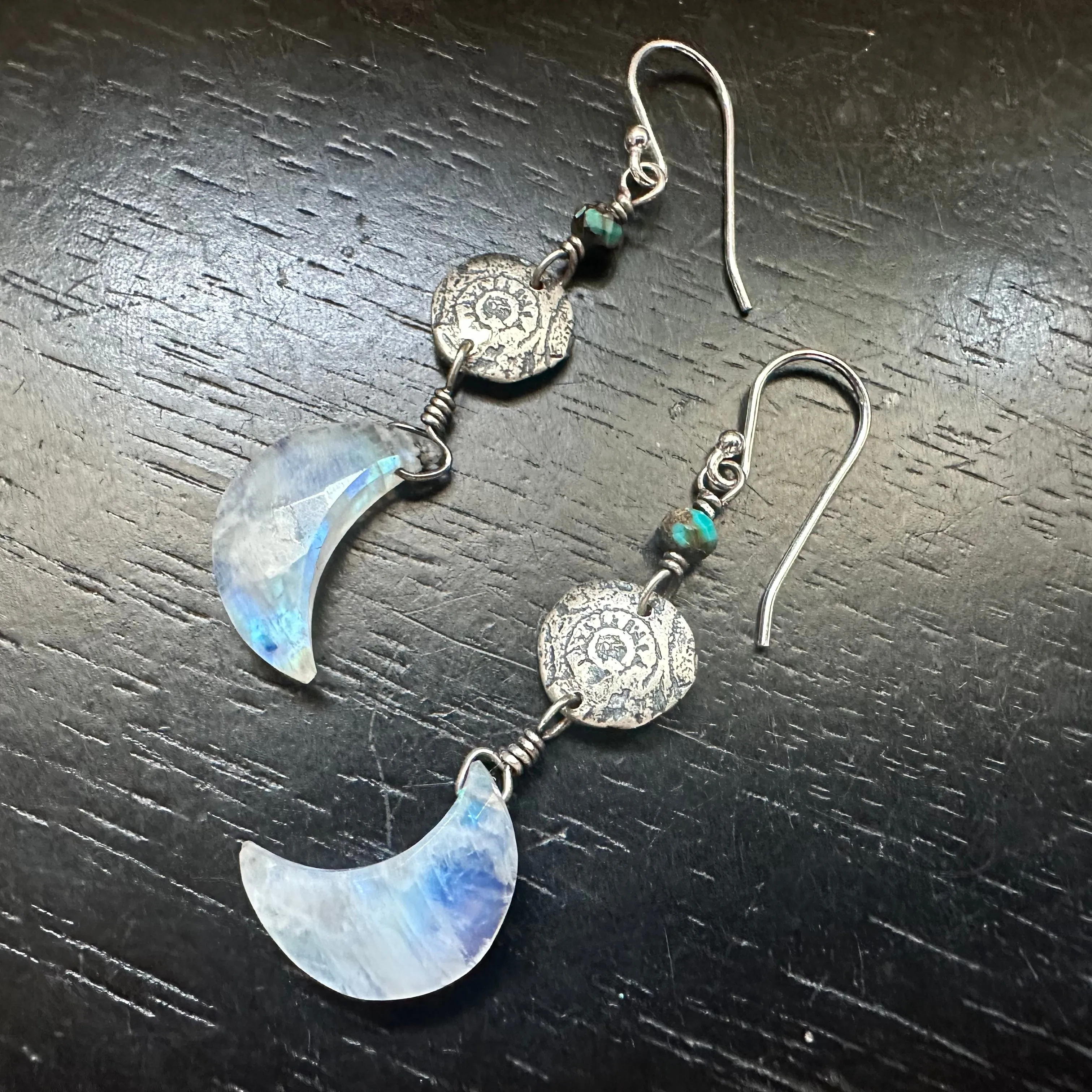 FACETED Moonstone Moon Silver Earrings