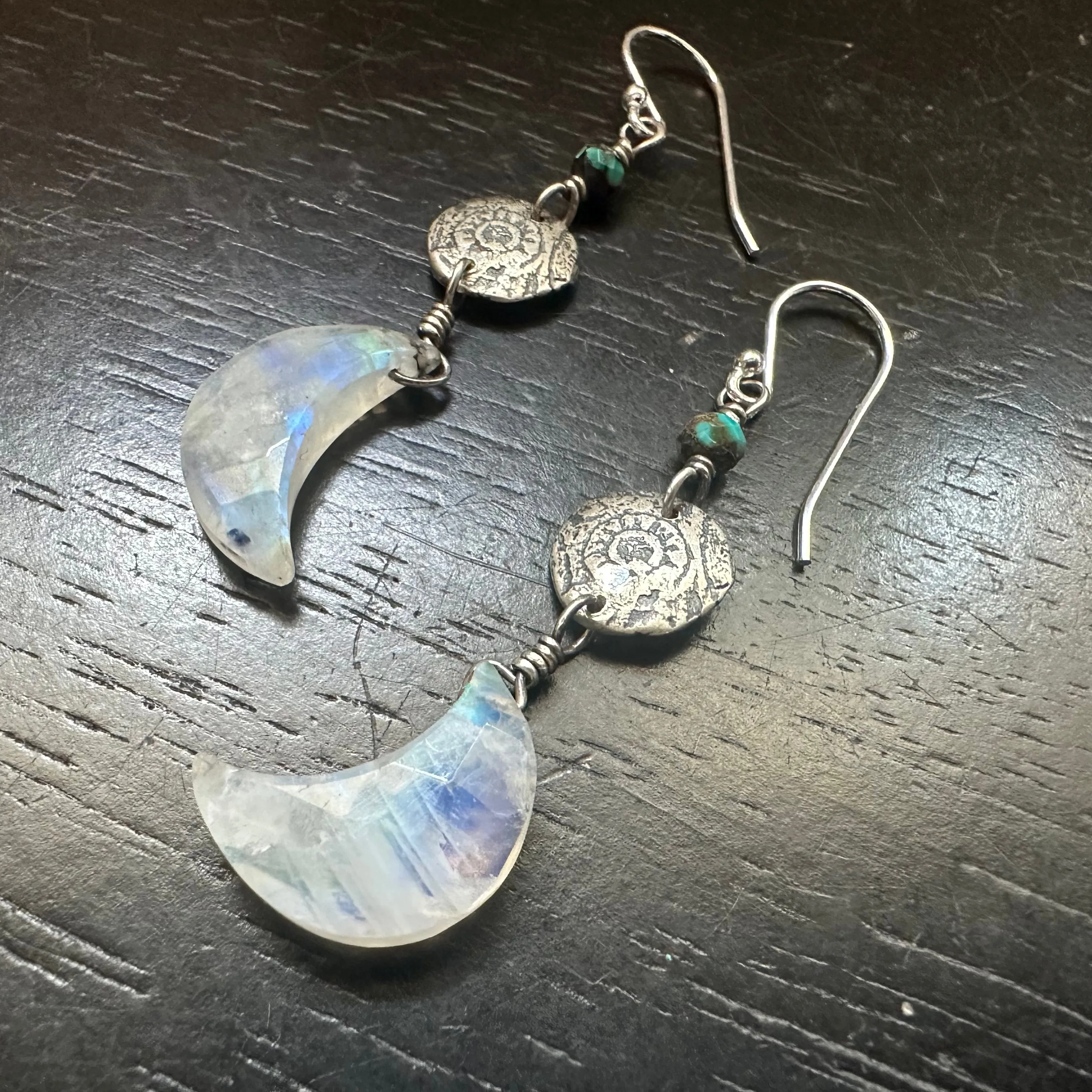 FACETED Moonstone Moon Silver Earrings