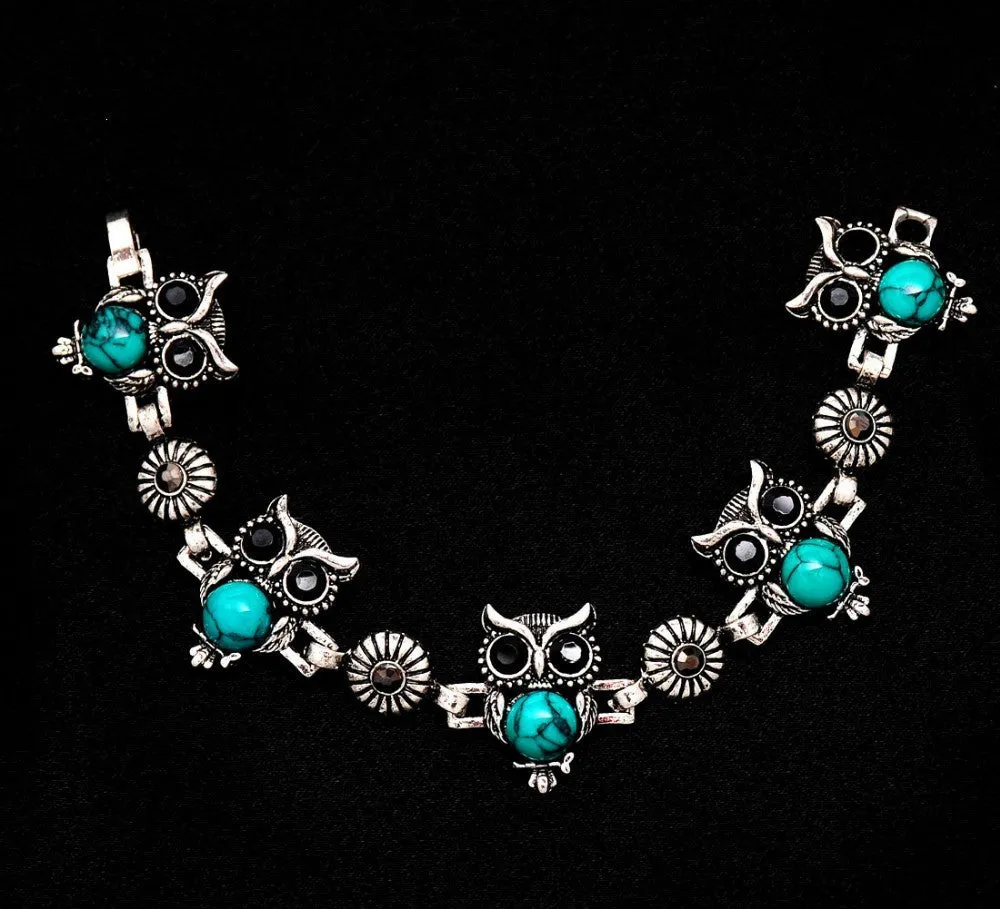 Fashion owl Women tibetan silver Turquoise Crystal Jewelry Sets Chain party wedding women gift Jewelry Sets