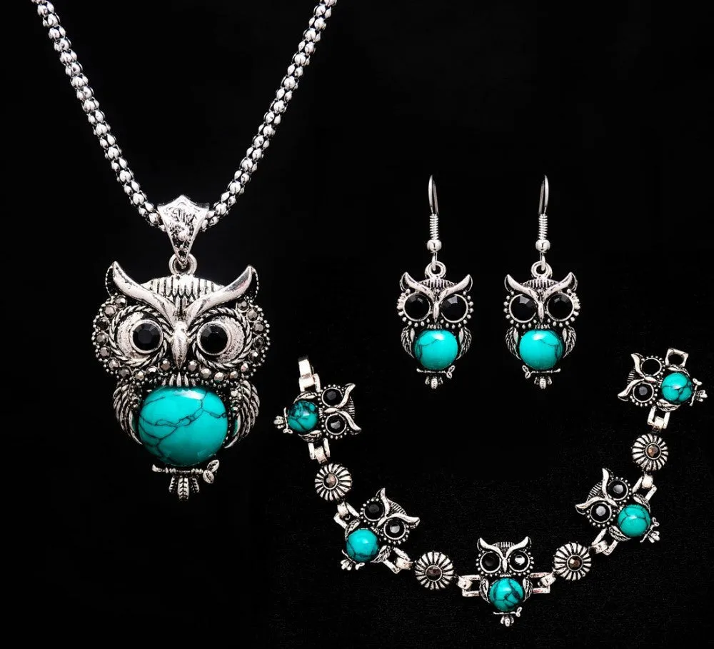 Fashion owl Women tibetan silver Turquoise Crystal Jewelry Sets Chain party wedding women gift Jewelry Sets