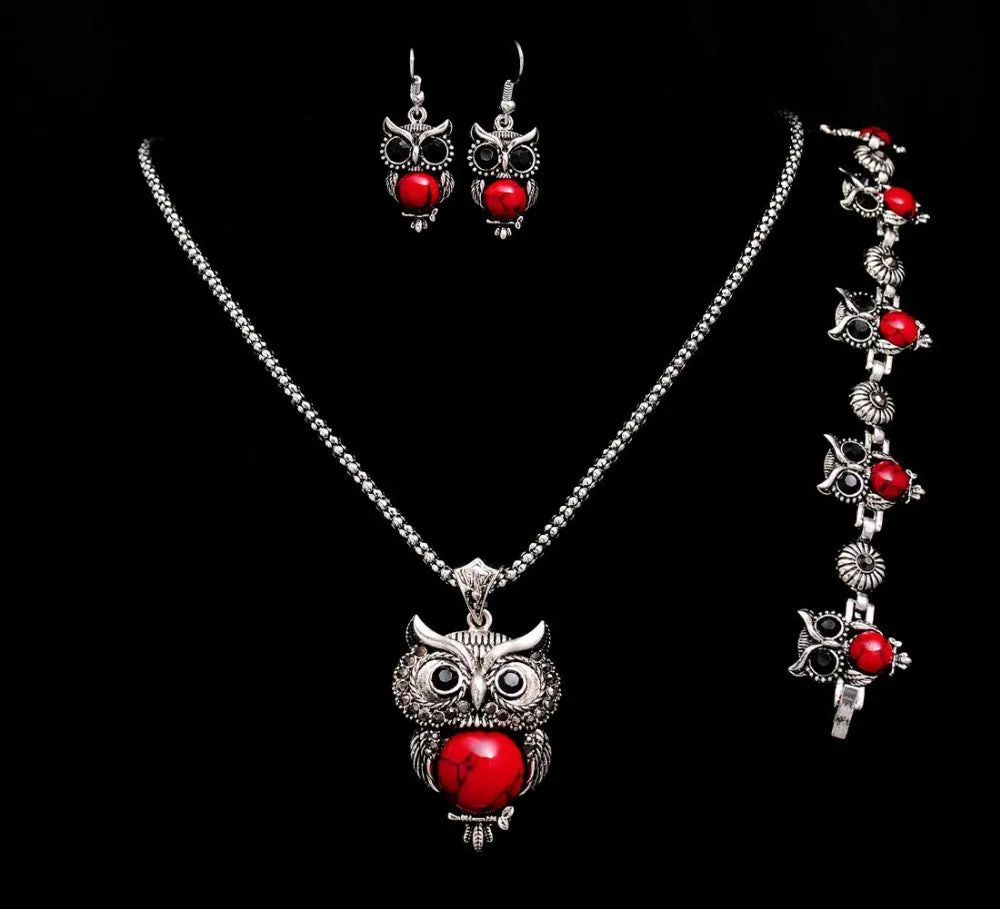 Fashion owl Women tibetan silver Turquoise Crystal Jewelry Sets Chain party wedding women gift Jewelry Sets