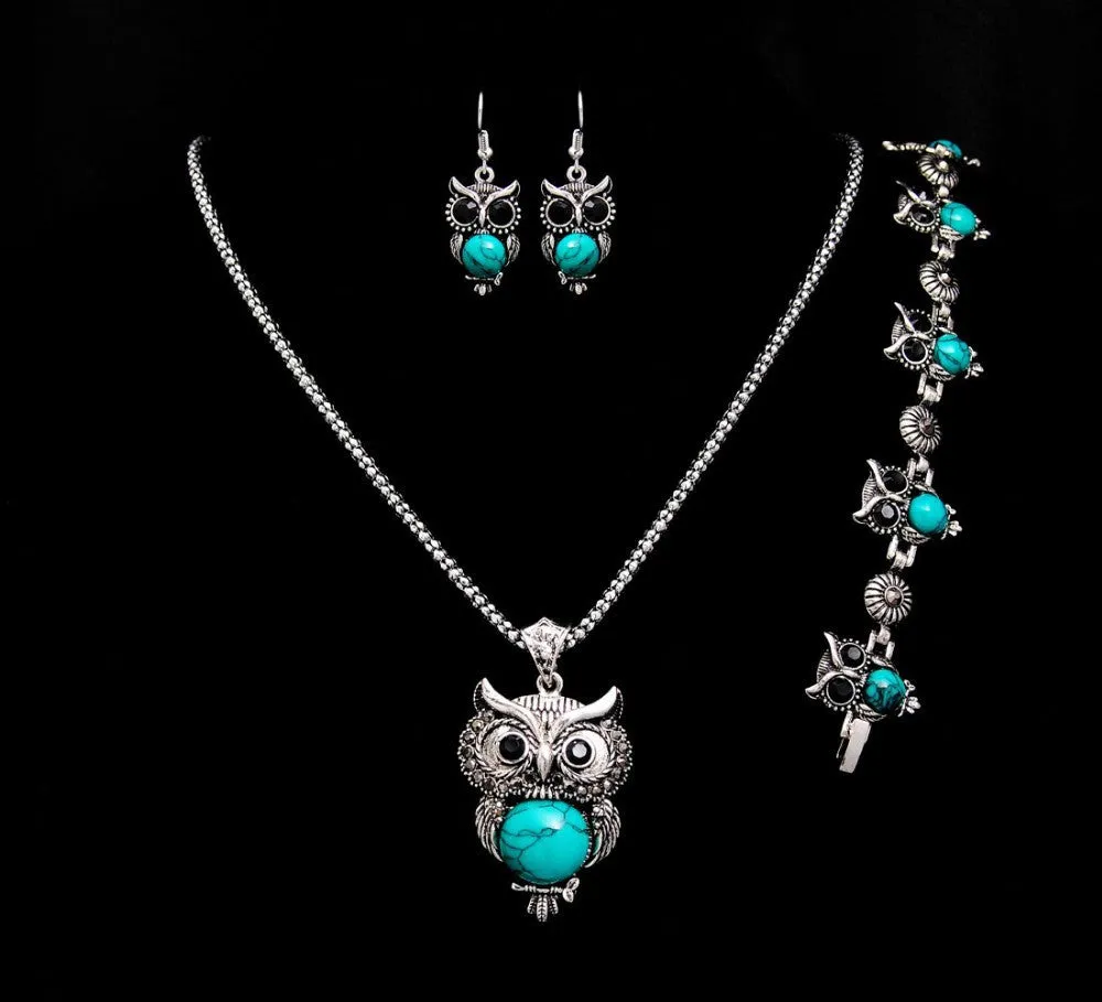 Fashion owl Women tibetan silver Turquoise Crystal Jewelry Sets Chain party wedding women gift Jewelry Sets