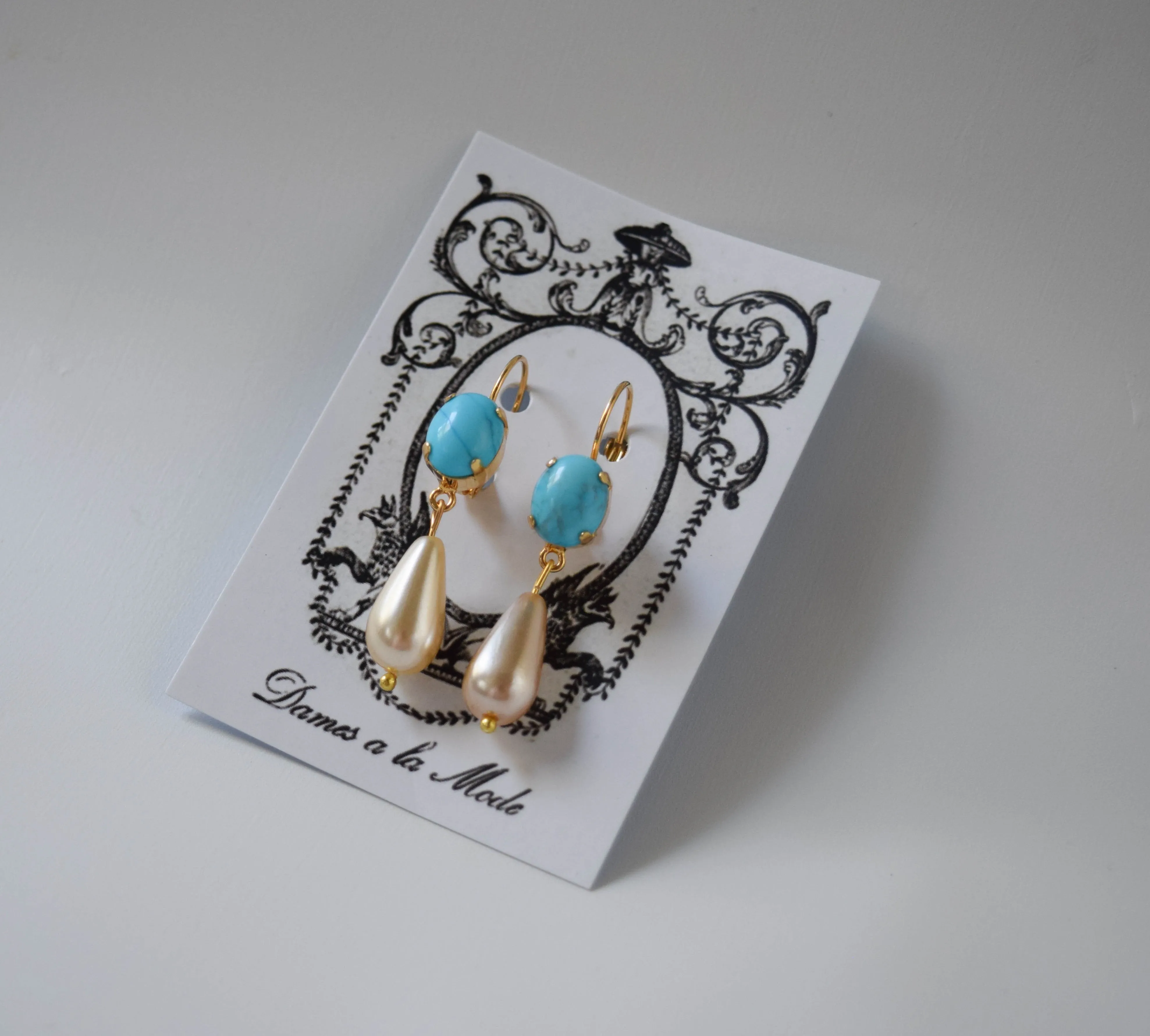 Faux Turquoise and Pearl Dangles - Small Oval