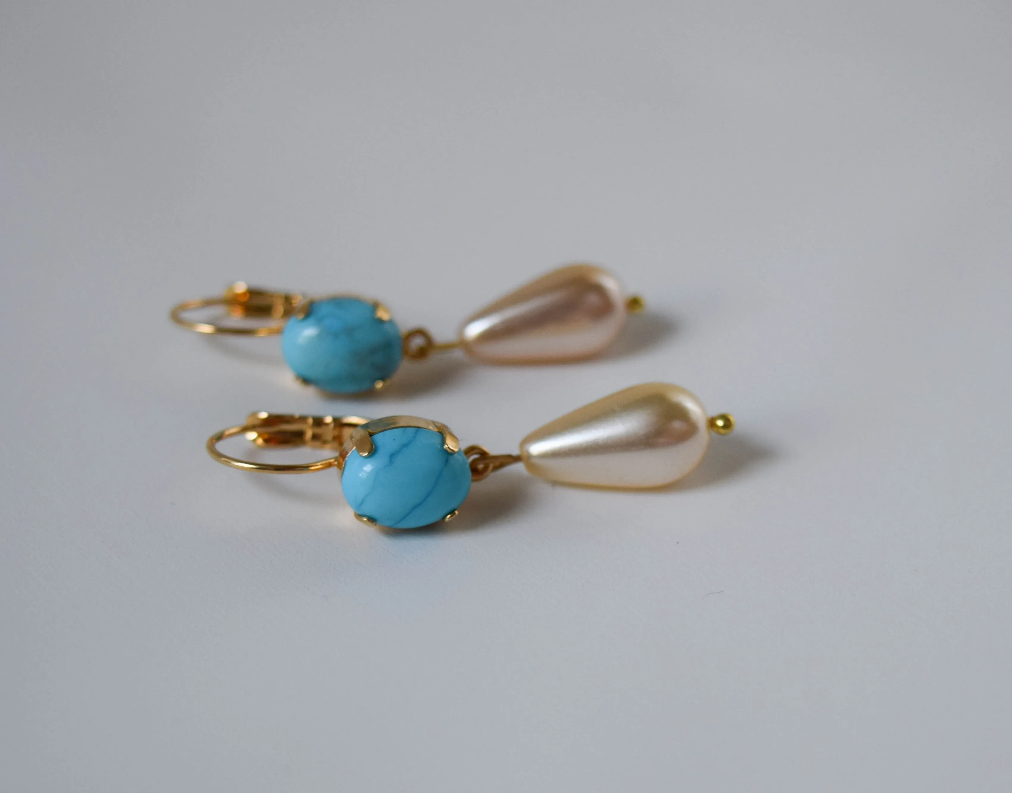 Faux Turquoise and Pearl Dangles - Small Oval