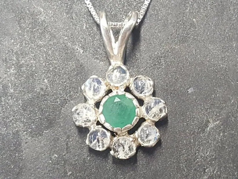 Flower Moonstone Pendant - Real Emerald Necklace - Dainty Flower Necklace