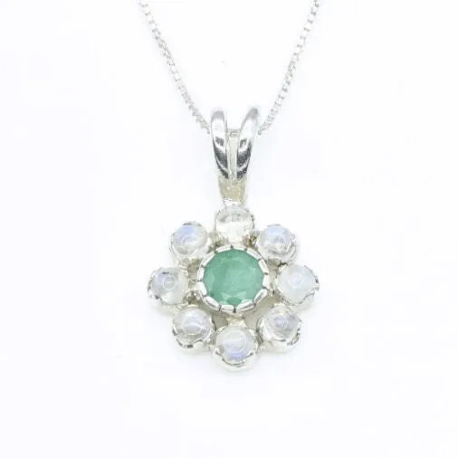 Flower Moonstone Pendant - Real Emerald Necklace - Dainty Flower Necklace