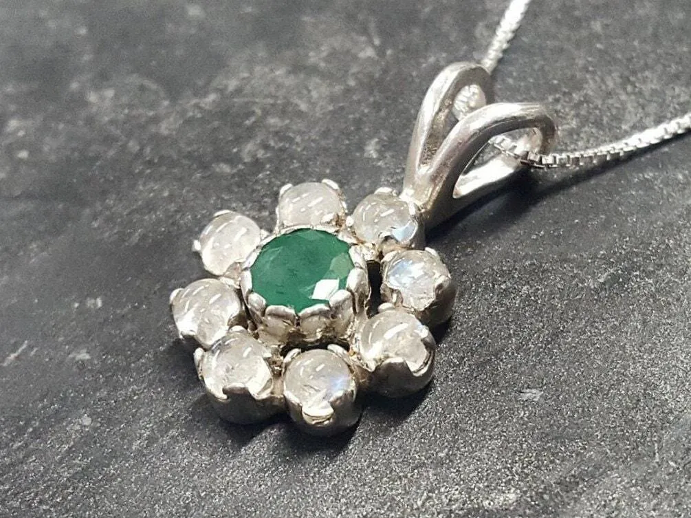 Flower Moonstone Pendant - Real Emerald Necklace - Dainty Flower Necklace