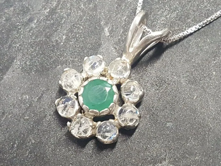 Flower Moonstone Pendant - Real Emerald Necklace - Dainty Flower Necklace