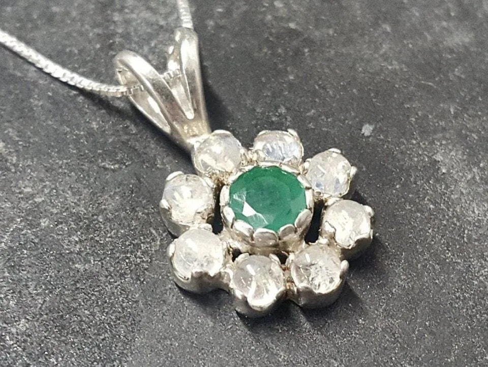 Flower Moonstone Pendant - Real Emerald Necklace - Dainty Flower Necklace