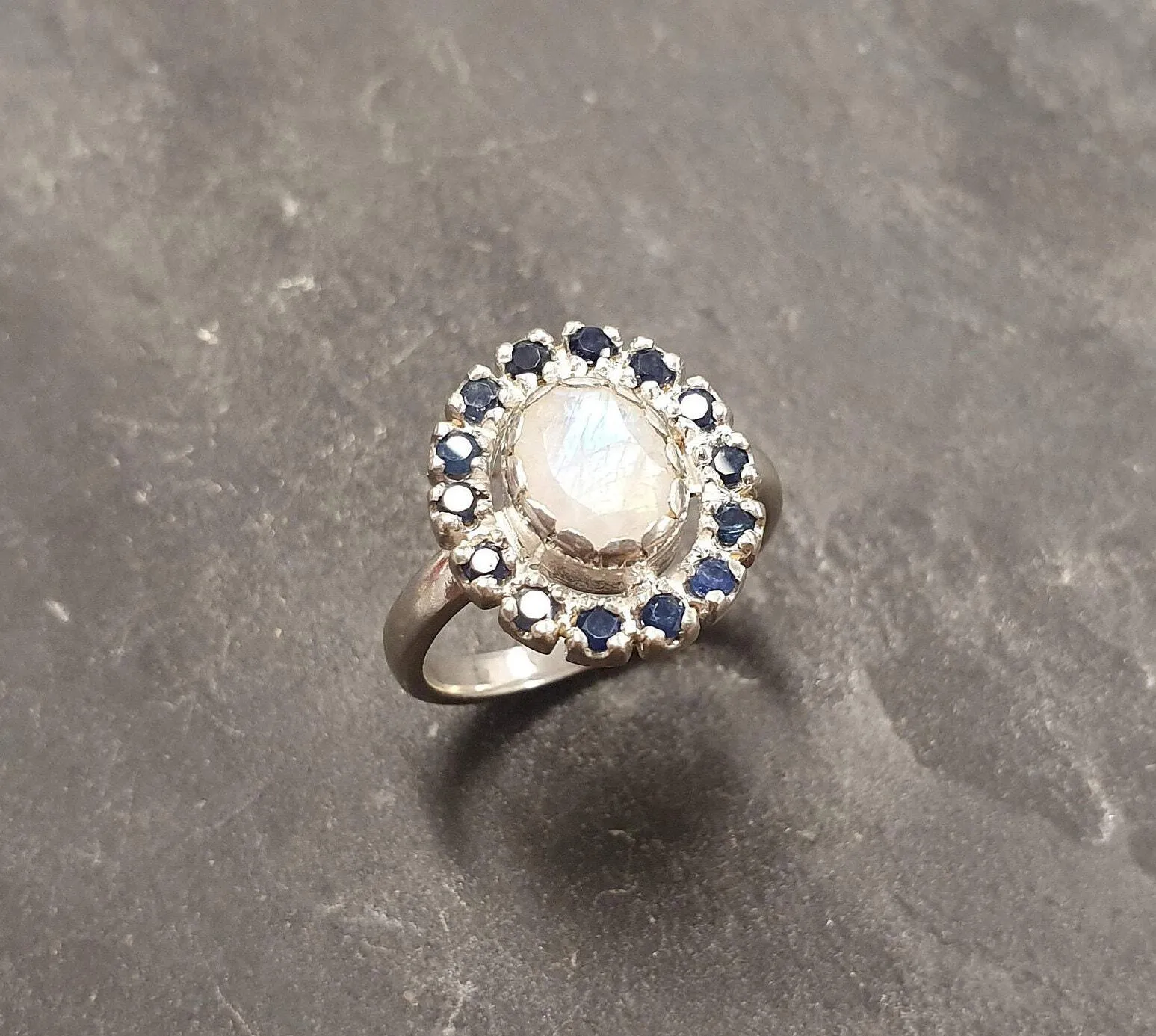 Flower Moonstone Ring - White Victorian Ring - Vintage Cocktail Ring