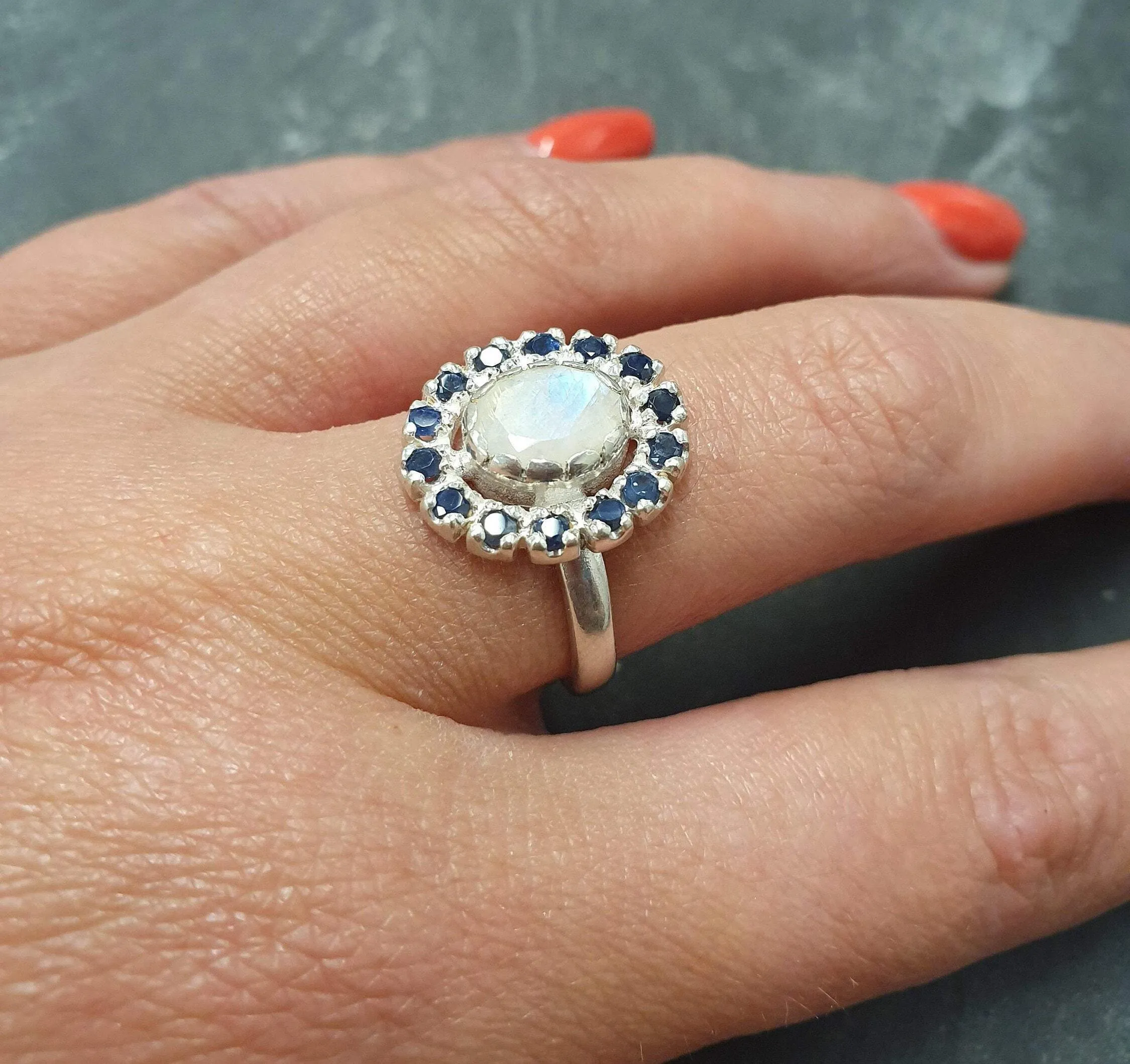 Flower Moonstone Ring - White Victorian Ring - Vintage Cocktail Ring