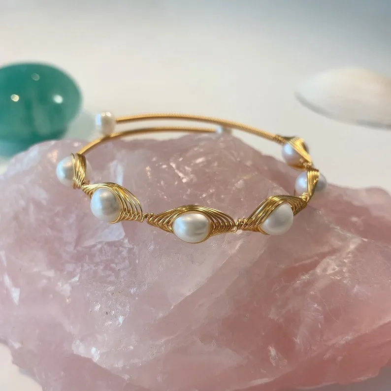 Fresh Water Pearl Bangle White(Bracelet), Stud, Dangly Earrings  #B-020