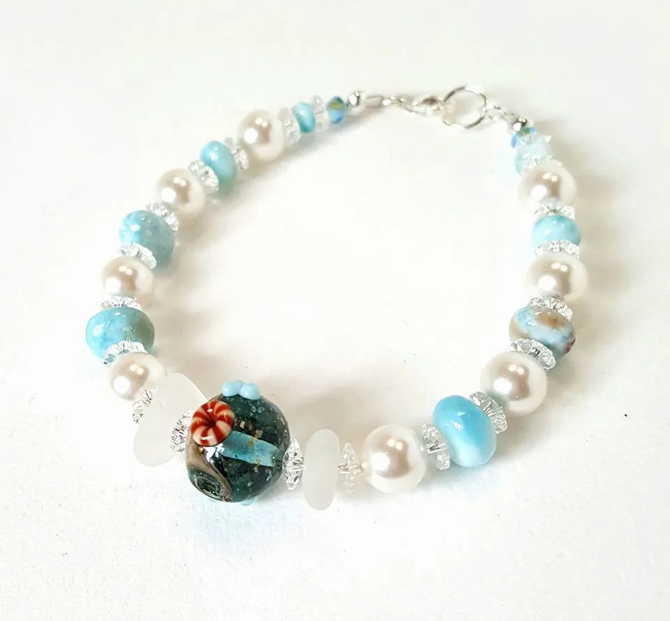 GENUINE Sea Glass Bracelet With Larimar