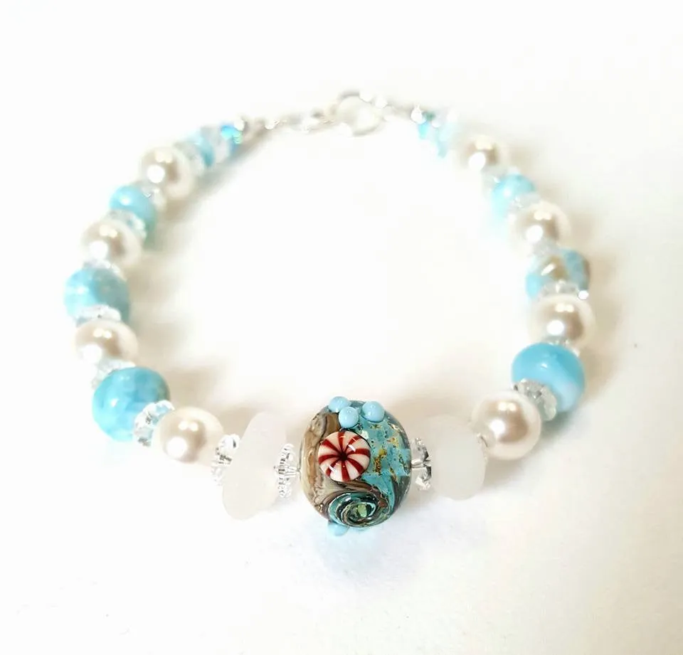 GENUINE Sea Glass Bracelet With Larimar