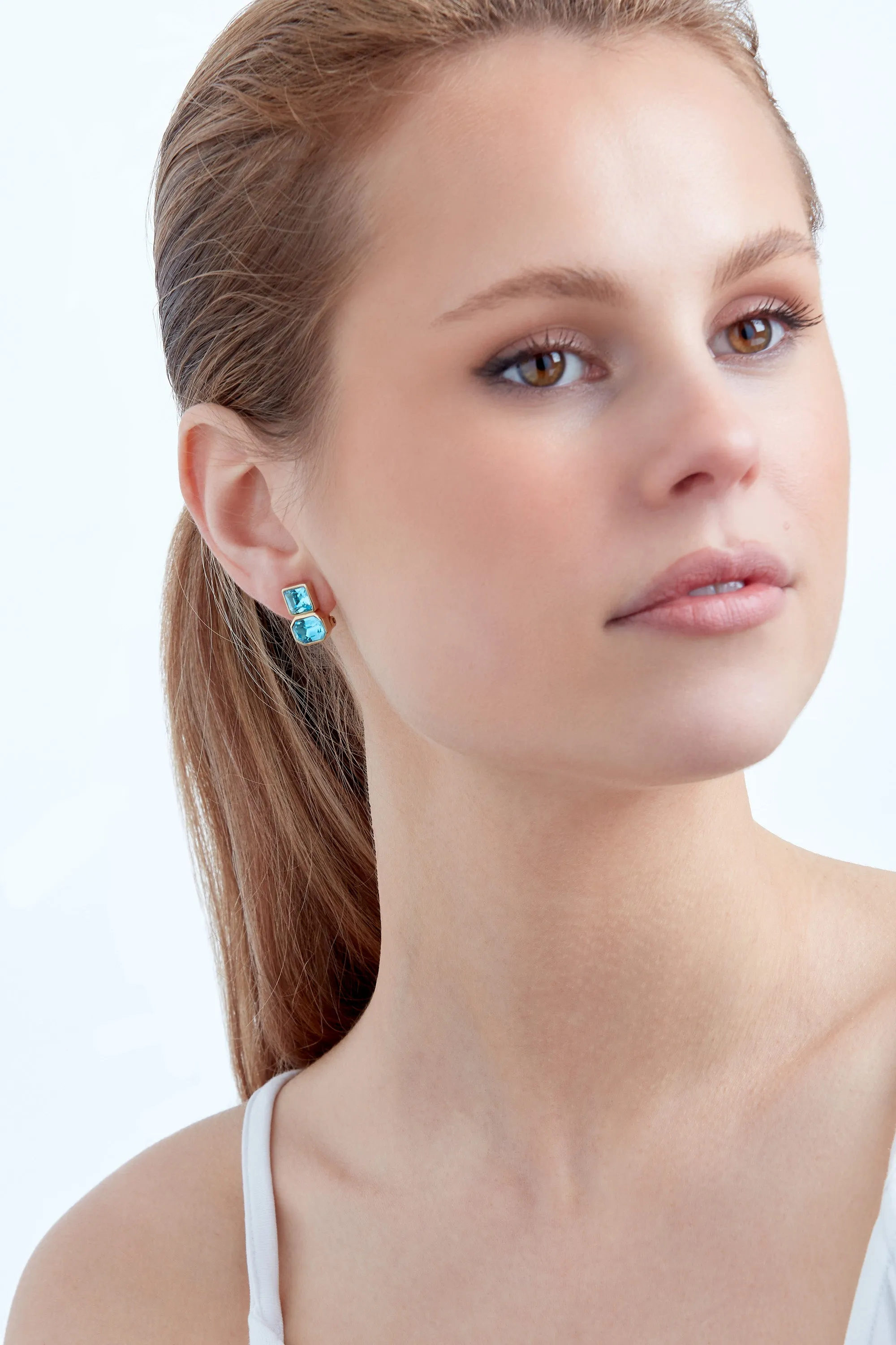 Gold & Aqua Bohemica Crystal Clip Earrings