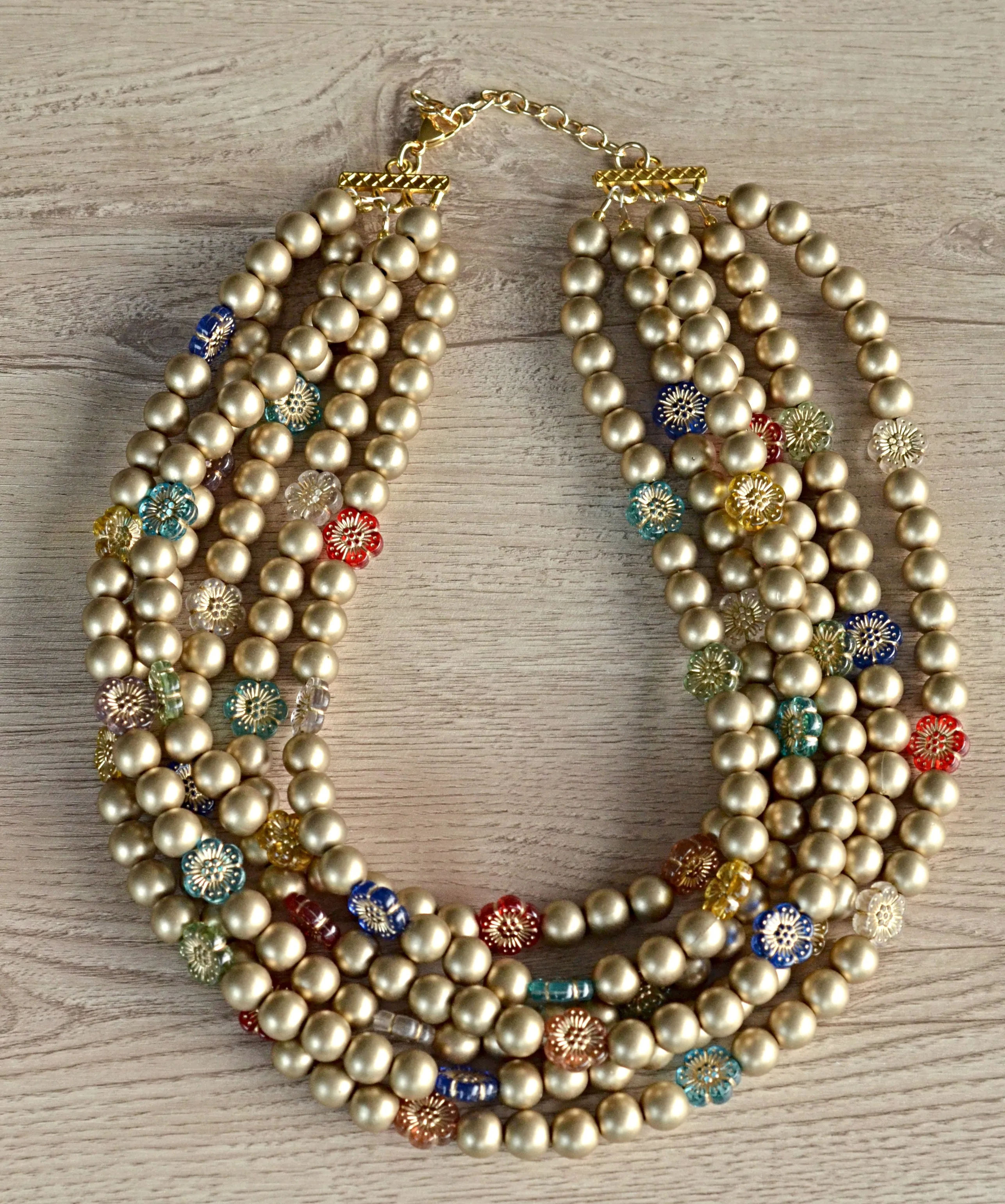 Gold Multi Color Flower Matte Beaded Acrylic Chunky Statement Necklace - Gwen