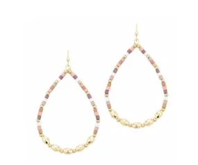 Gold Multi Wood Beaded Teardrop Earrings