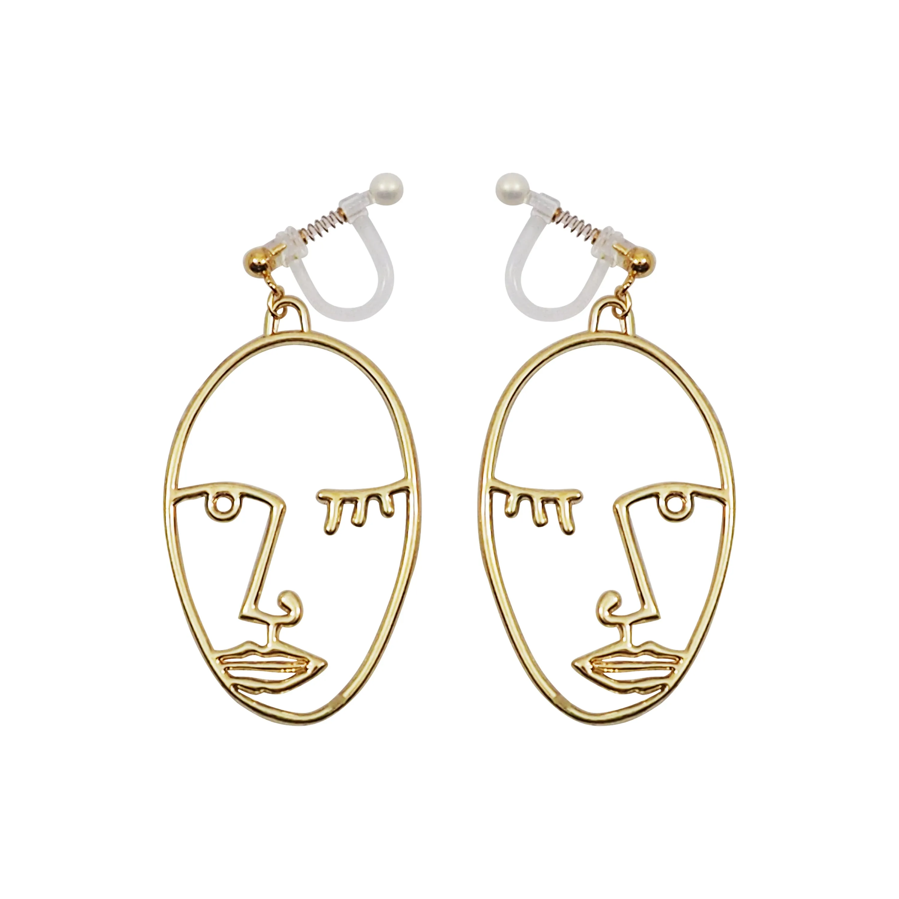 Gold Picasso Face Wink Invisible Clip On Earrings