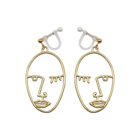 Gold Picasso Face Wink Invisible Clip On Earrings