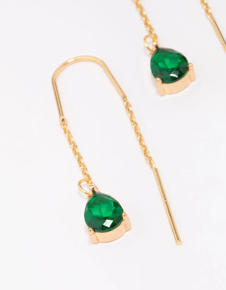 Gold Plated Cubic ZIrconia Emerald Threader Drop Earrings