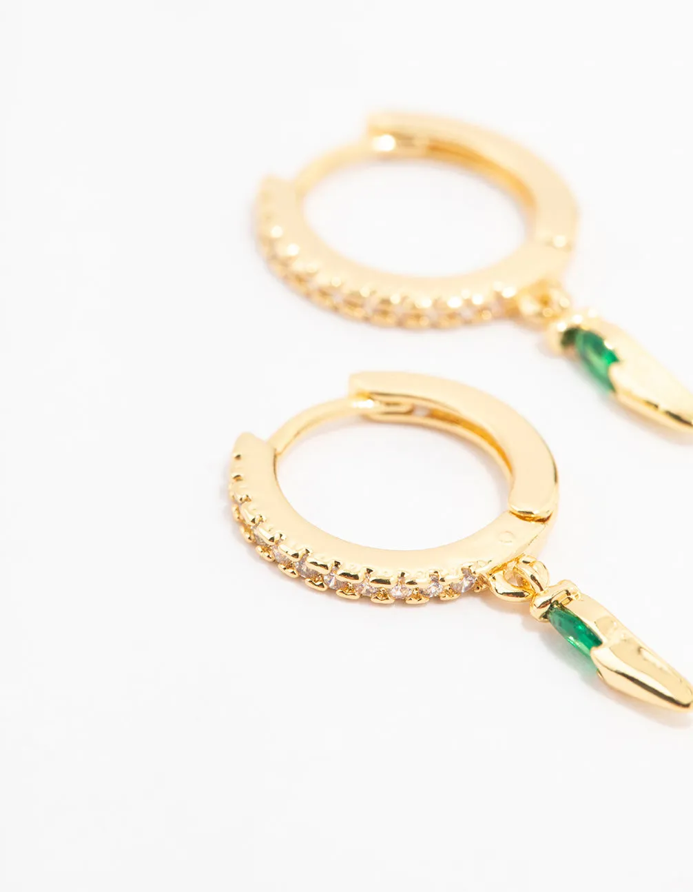 Gold Plated Emerald & Cubic Zirconia Pointed Pear Huggie Earrings