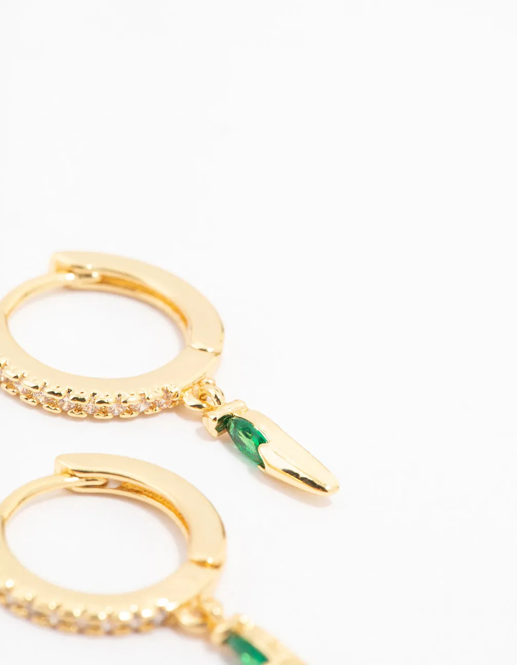 Gold Plated Emerald & Cubic Zirconia Pointed Pear Huggie Earrings