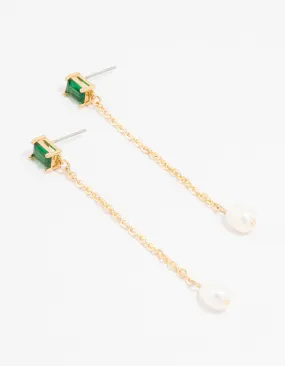 Gold Plated Emerald Baguette Freshwater Pearl Chain Drop Earrings