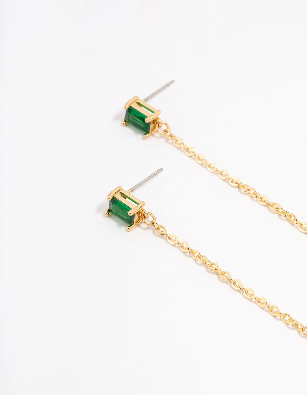 Gold Plated Emerald Baguette Freshwater Pearl Chain Drop Earrings