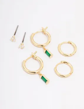 Gold Plated Emerald Cubic Zirconia Earring 3-Pack