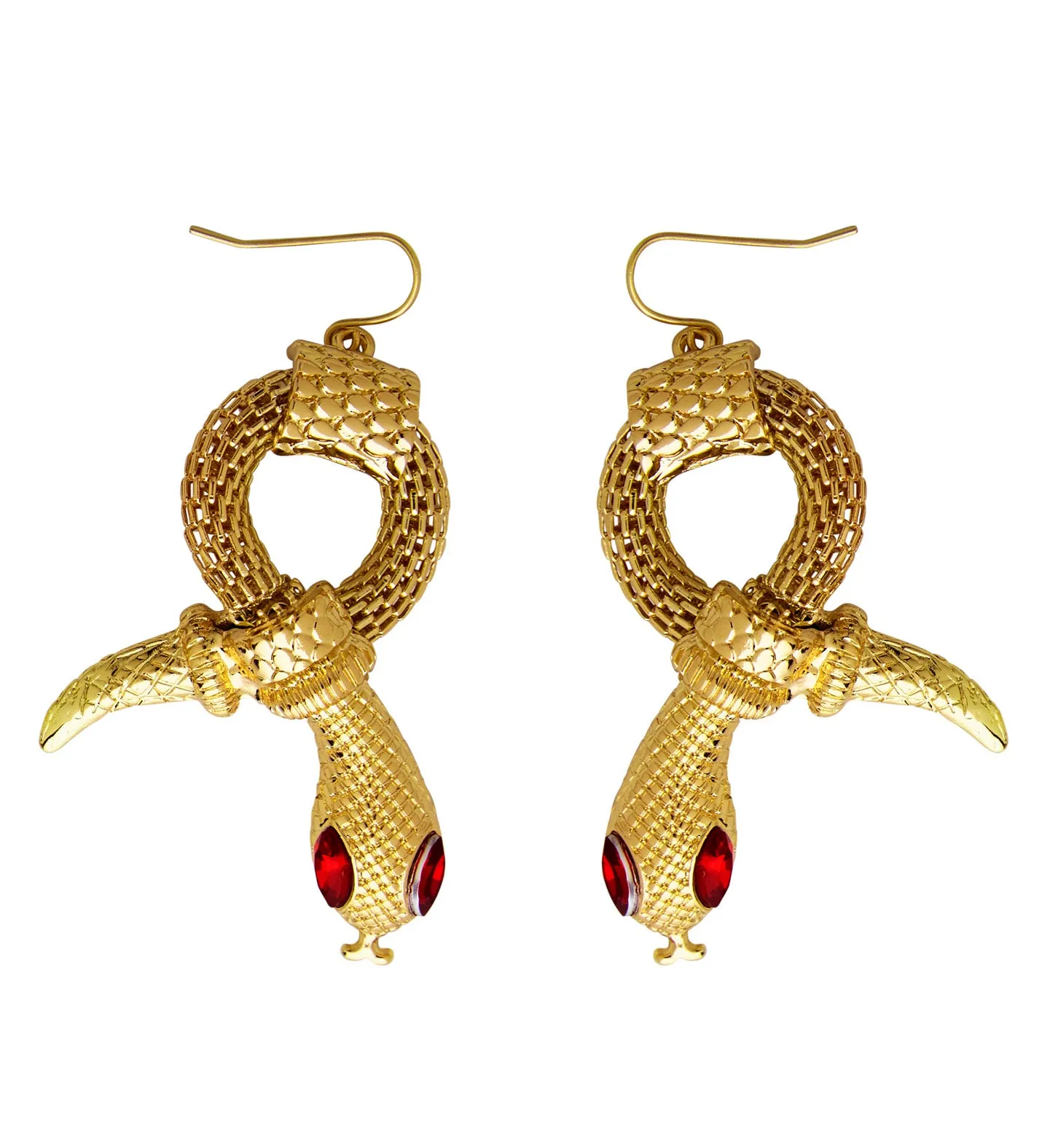 Gold Snake Earrings with Red Gem Eyes