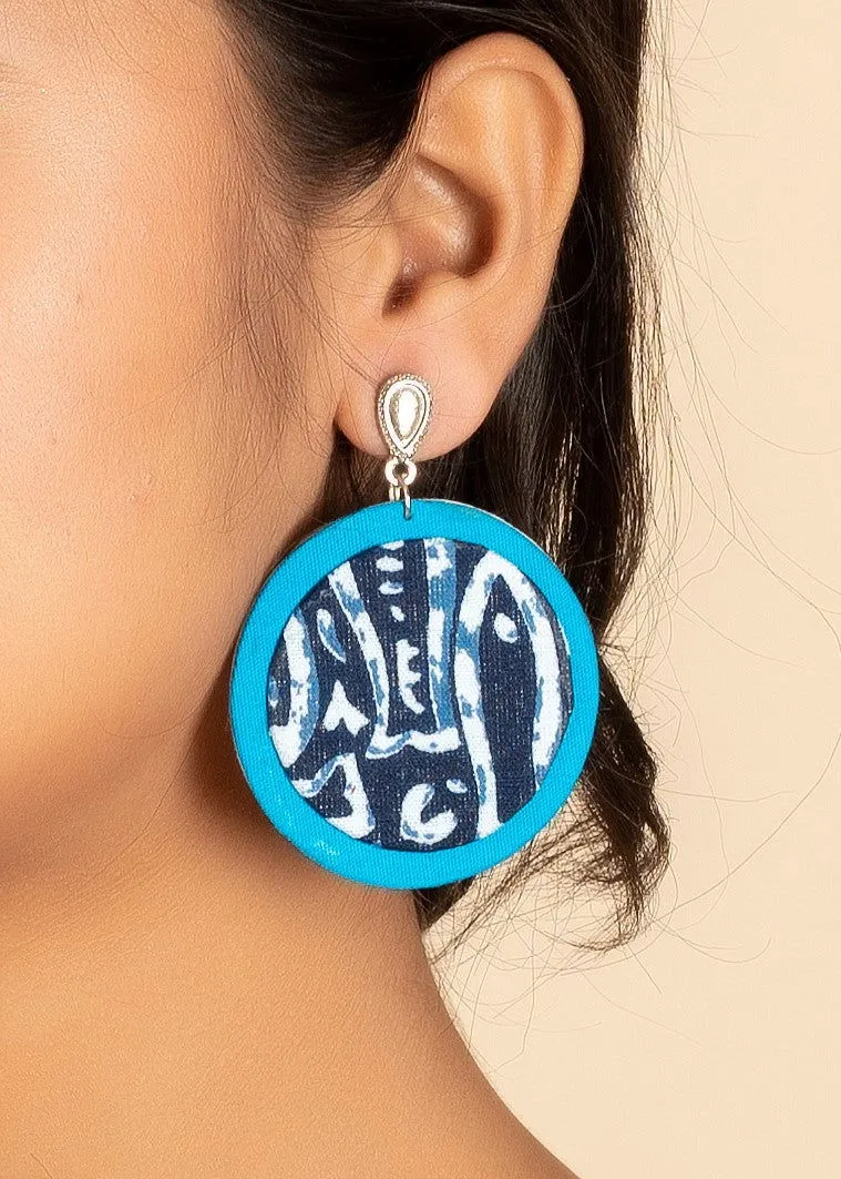 Handmade Eco-Friendly Turquoise Blue Indigo Fish Fabric with German Silver Stud Jewelry Earrings, Non-Allergic