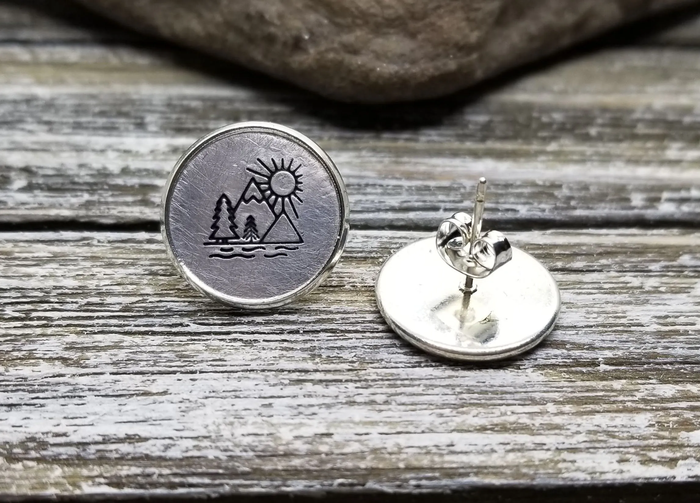 Handmade Hand Stamped Mountain Sunshine Earrings