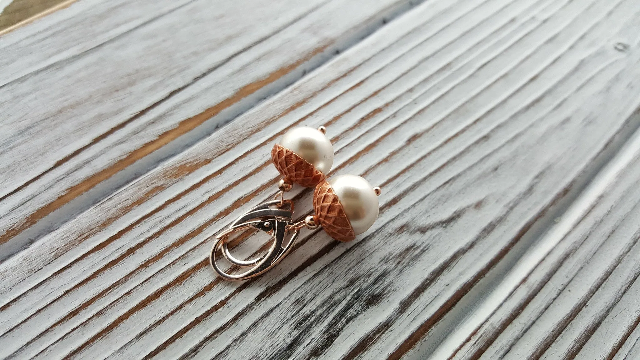 Handmade Rose Gold Pearl Acorn Earrings