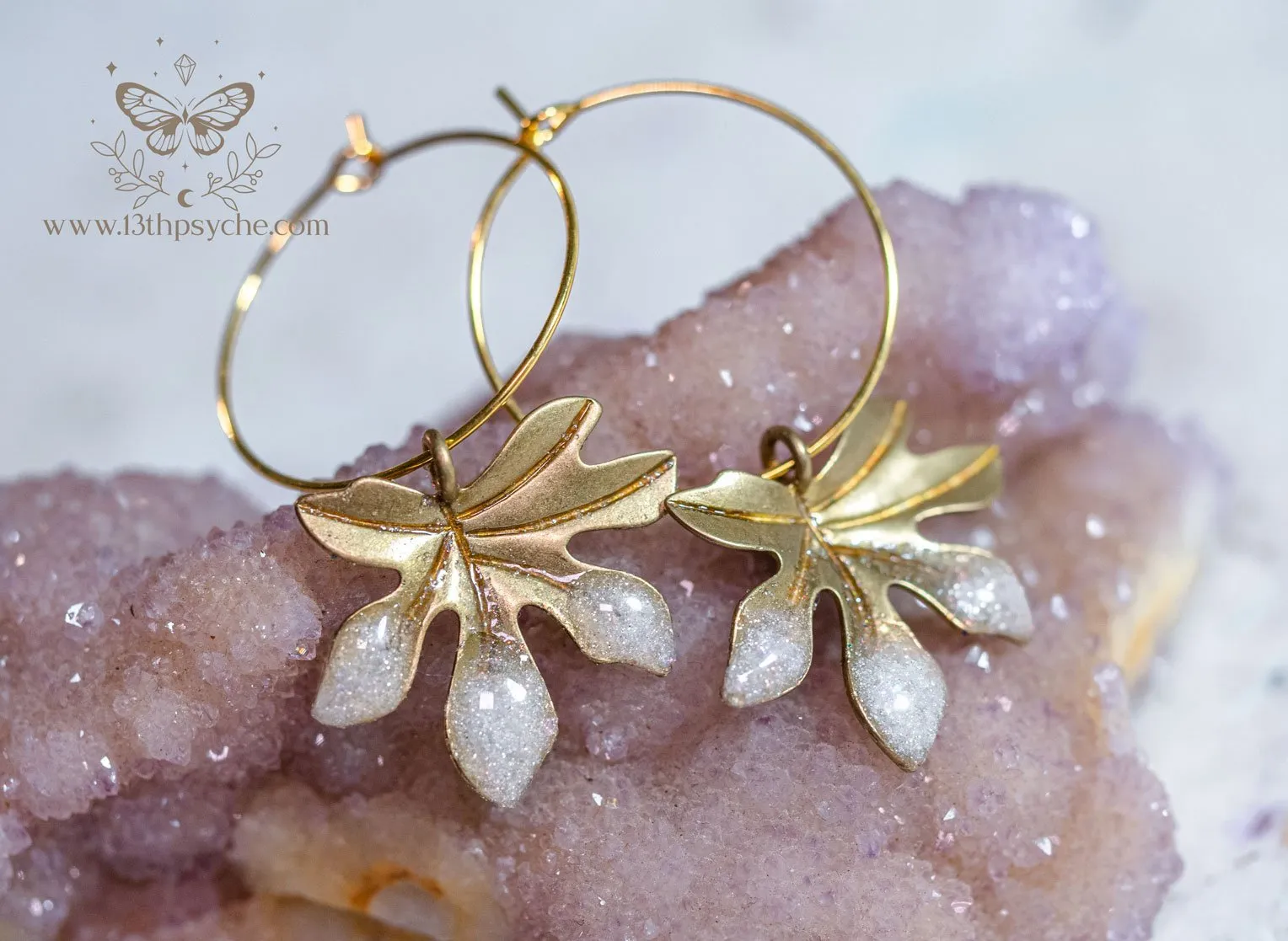 Hypoallergenic gold hoop earrings with frosted leaves