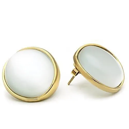 IP Gold(Ion Plating) Brass Earrings with Synthetic Cat Eye in White for Women White Stone Color Style GL253